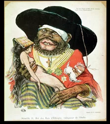 Etiópia negusának, II. Meneliknek (1844-1913) karikatúrája, a Le Rire folyóiratból, a 19. század végéről
